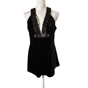 Max Studio Black Velvet Sleeveless Deep Neckline Adorned with Ruffled Trim